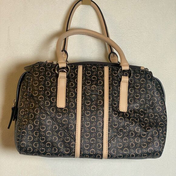 GUESS Signature Logo Satchel Handbag Brown Black Monogram Double Handle Purse - Picture 1 of 14